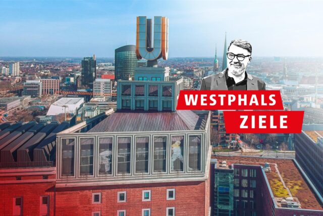 Eine Collage: Das Logo „Westphals Ziele“ ist neben dem Dortmunder U zu sehen.