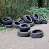 40 Autoreifen liegen auf einem Weg und im Wald daneben.