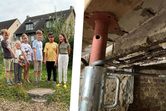 Bildkombo: Schülerparlament links, Baustütze im Keller der Grafen-Grundschule