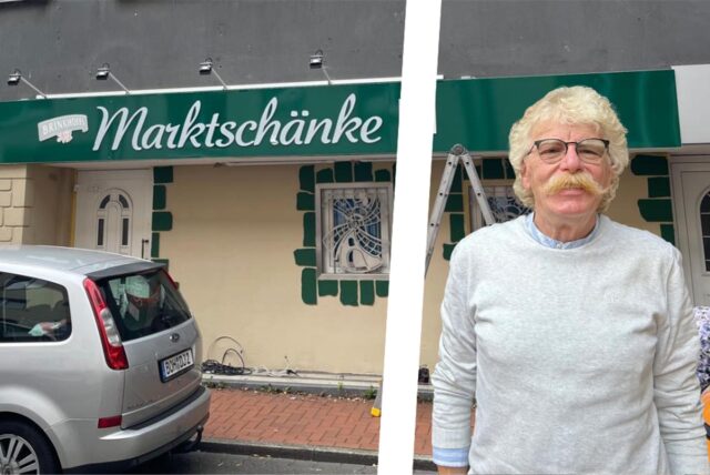 Karl-Heinz van Loon in einer Montage vor den neuen Räumlichkeiten der Marktschänke