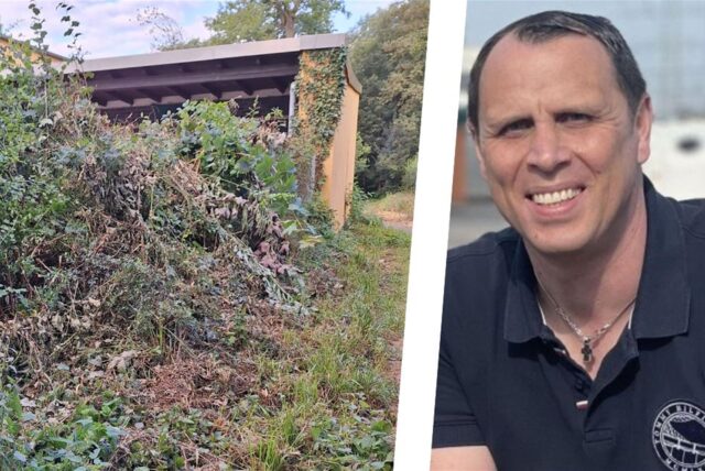 Neben Schulcontainern ragen an einem Weg Pflanzen in die Höhe, daneben ein Bild von Gregor Born, Betriebsleiter des ZBH.