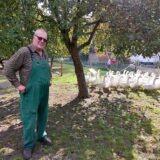 Ulrich Dingebauer mit Gänsen auf einer Wiese des Deininghauser Hofes.