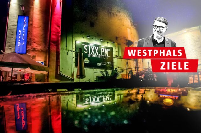 Eine Montage: Das Logo der Serie „Westphals Ziele“ ist neben dem früheren Ausgehviertel auf dem Thier-Galerie zu sehen.