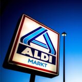 Eine Reklame mit dem Logo von Aldi Nord leuchtet neben einer Straßenlaterne.