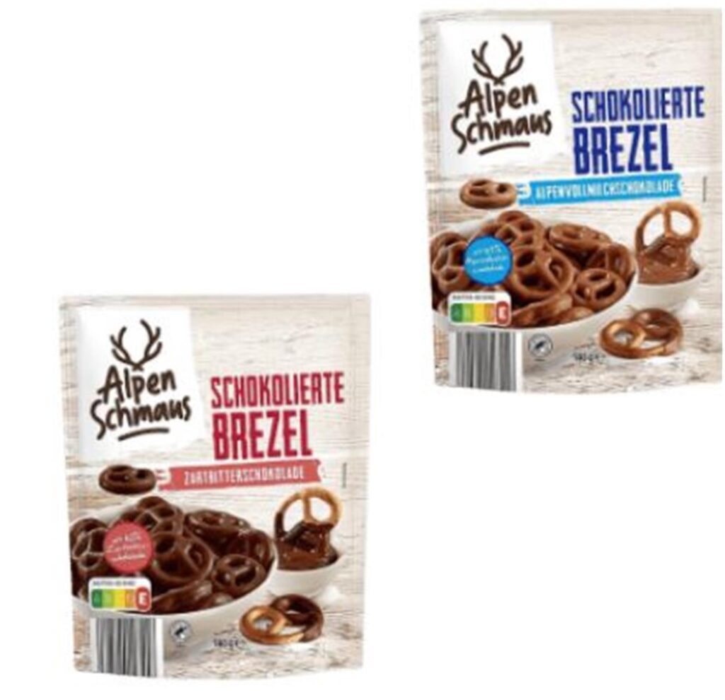 Zwei Verpackungen der Schoko-Brezeln von Aldi, für die es eine Rückrufaktion gibt.