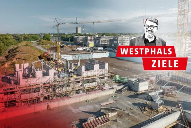 Eine Montage zeigt das Logo der Serie „Westphals Ziele“ vor einer großen Baustelle in Dortmund.