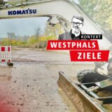 Eine Montage: Das Logo der Ruhr Nachrichten-Serie „Westphals Ziele“ ist neben einem Bagger auf einer Baustelle in Dortmund zu sehen.