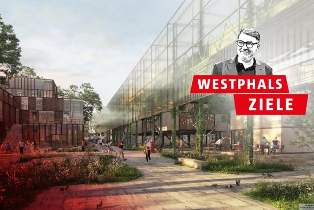Eine Montage: Das Logo der Ruhr Nachrichten-Serie „Westphals Ziele“ ist neben einem Entwurf, wie der Dortmunder Hafen in Zukunft aussehen könnte, zu sehen.