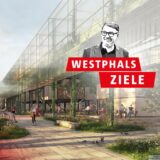 Eine Montage: Das Logo der Ruhr Nachrichten-Serie „Westphals Ziele“ ist neben einem Entwurf, wie der Dortmunder Hafen in Zukunft aussehen könnte, zu sehen.