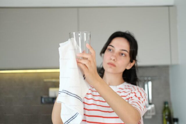 Eine Frau trocknet ein Glas mit einem Geschirrtuch ab.