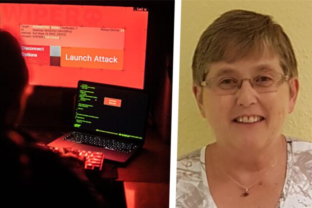 Eine Collage: Ein Computer und eine Frau.