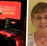 Eine Collage: Ein Computer und eine Frau.
