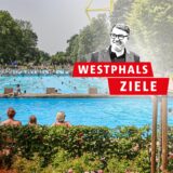 Eine Montage: Das Logo der Ruhr Nachrichten-Serie „Westphals Ziele“ ist vor dem Freibad Volkspark in Dortmund zu sehen.