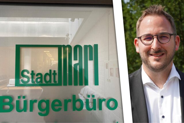 Eine Collage: Links ist die Eingangstür des Bürgerbüros in Marl zu sehen, rechts Kämmerer Daniel Greb,