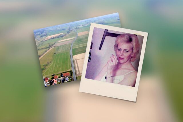 Eine Collage: Ein Foto von Sylvia Beerenberg ist über einem Luftbild des Tatorts in Lippetal-Oesterheide im Kreis Soest zu sehen.