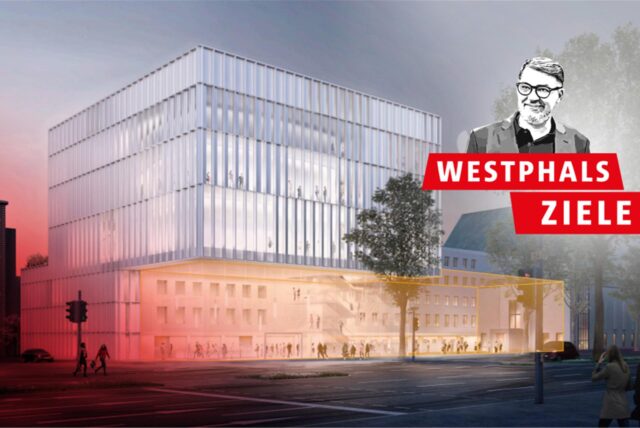 Eine Montage: Das Logo der Ruhr Nachrichten-Serie „Westphals Ziele“ ist vor einem Entwurf des Neubaus von Schauspielhaus und Oper in Dortmund zu sehen.