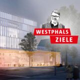 Eine Montage: Das Logo der Ruhr Nachrichten-Serie „Westphals Ziele“ ist vor einem Entwurf des Neubaus von Schauspielhaus und Oper in Dortmund zu sehen.
