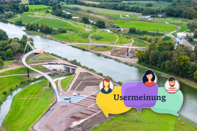 Drohnenfoto vom Sprung über die Emscher mit der Grafik „Usermeinung“