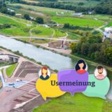 Drohnenfoto vom Sprung über die Emscher mit der Grafik „Usermeinung“