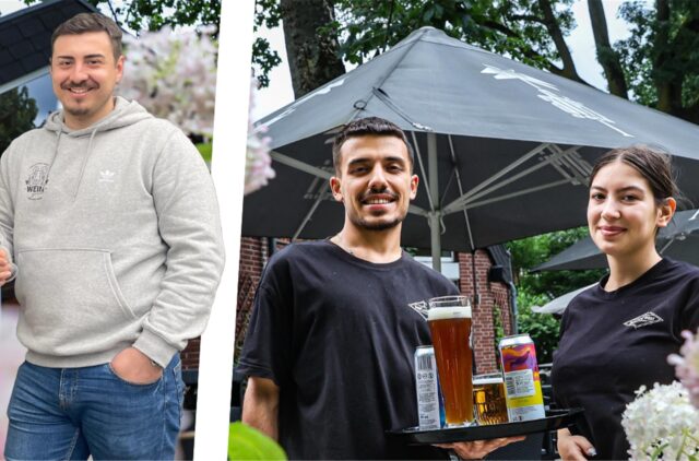 Phil (links) von der Weinbar Weingrün im Dortmunder Unionviertel spricht über die gemeinsamen Pläne mit dem BierCafé West (rechts) für einen kleinen Weihnachtsmarkt im Westpark.