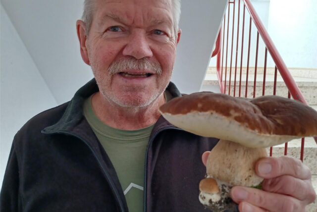 Gerhard Bretscher steht in einem Treppenhaus und hält den Pilz in die Kamera.