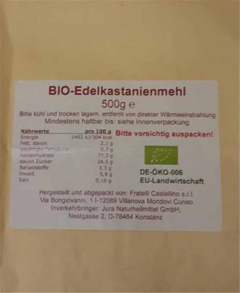 Umverpackung des Kastanienmehls, das zurückgerufen wird. 