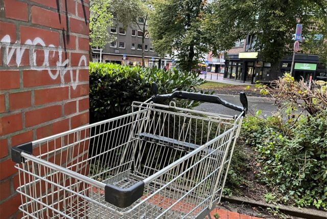 Ein Einkaufswagen vom Supermarkt Kaufland steht in der Castroper Altstadt.
