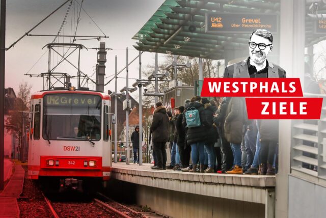 Auf einer Foto-Montage ist Dortmunds Oberbürgermeister Thomas Westphal zu sehen, wie er redet und gestikuliert. Im Hintergrund hält eine Stadtbahn an einer Haltestelle.
