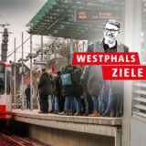 Auf einer Foto-Montage ist Dortmunds Oberbürgermeister Thomas Westphal zu sehen, wie er redet und gestikuliert. Im Hintergrund hält eine Stadtbahn an einer Haltestelle.