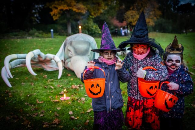 Gruselig verkleidete Kinder stehen an Halloween auf einer Wiese vor einem großen Tier-Skelett.