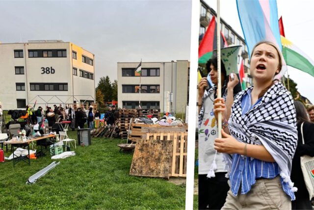 Eine Collage: Links ist das Palästina-Protestcamp an der TU Dortmund zu sehen, rechts Aktivistin Greta Thunberg.