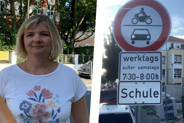Bildkombo: Maike Eisenburger und Schulstraßen-Schild.