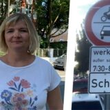 Bildkombo: Maike Eisenburger und Schulstraßen-Schild.