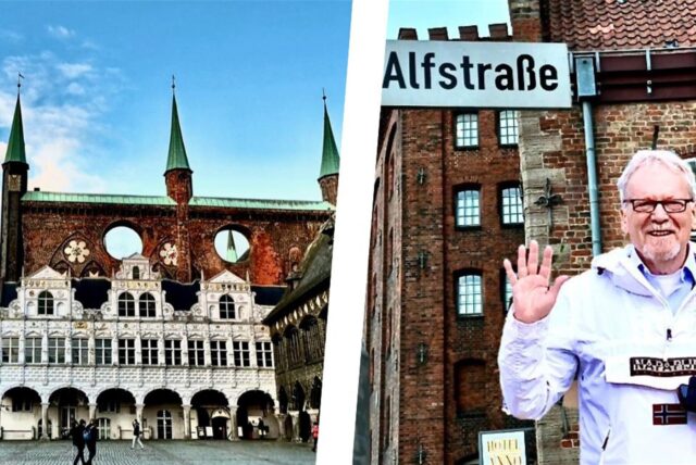 Unser Mitarbeiter Werner Koppe steht in der Lübecker Alfstraße, wo der Recklinghäuser Hans Reckmann lange gewohnt hat. Links sieht man das Lübecker Rathaus am Markt.