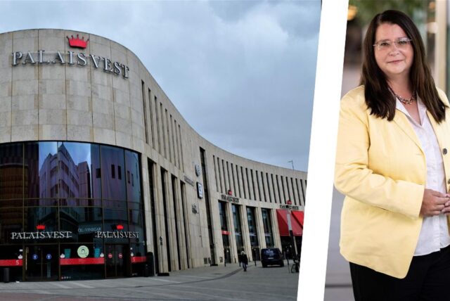 Montage zeigt rechts ein Symbolbild, auf dem Palais-Vest-Managerin Petra Prissnitz zu sehen ist. Links: Ansicht des Einkaufszentrums Palais Vest in Recklinghausen.