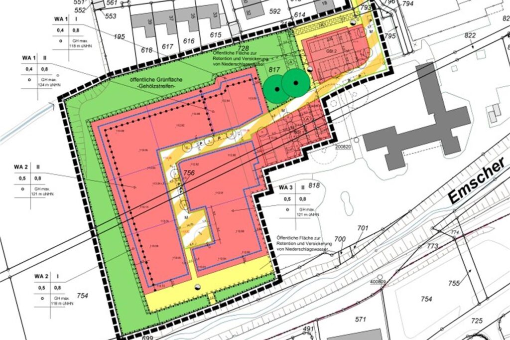 Der Bereich, der einmal mit kleinen Häusern bebaut werden soll. Rechts im Bild die Emschertal-Grundschule in Dortmund-Sölde. Der Bereich, der einmal mit kleinen Häusern bebaut werden soll. Rechts im Bild die Emschertal-Grundschule in Dortmund-Sölde.