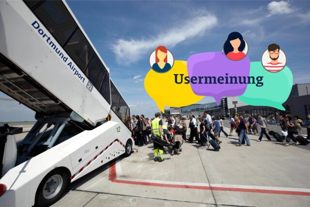 Personen auf dem Rollfeld des Dortmund Flughafen mit Logo Usermeinung.