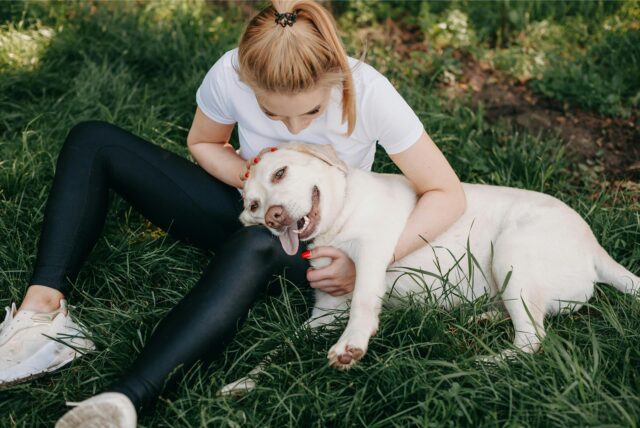 Hundefutter Rückruf: Foto einer kaukasischen Frau, die ihren Golden Retriever umarmt, der im Gras liegt.