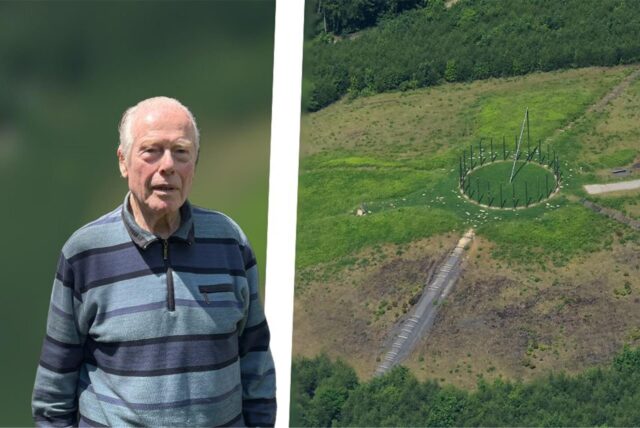 Die Montage zeigt Jan Bormann und sein Werk „Sonnenuhr“ aus der Luft fotografiert.