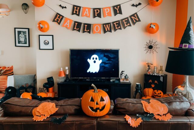 Ein Wohnzimmer ist für Halloween dekoriert. Im Fernsehen läuft ein Halloween-Film.