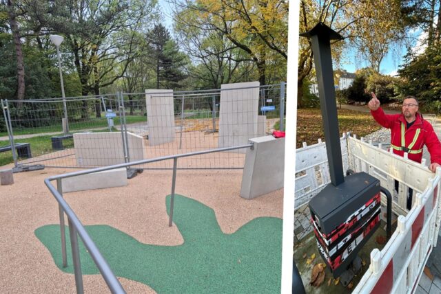 Bildmontage: Links, die abgesperrte Parkour-Anlage. Rechts, Evings Bezirksbürgermeister Oliver Stens an der demolierten Ladesäule.