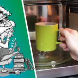 Ein Becher wird in eine Mikrowelle gestellt.
