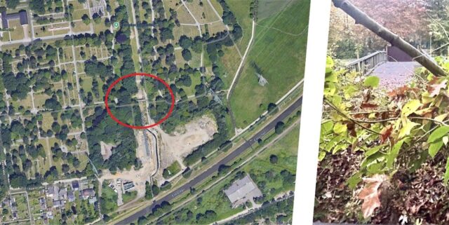 Die Bildkombi zeigt ein Luftbild des Südfriedhofs und die marode Brücke.