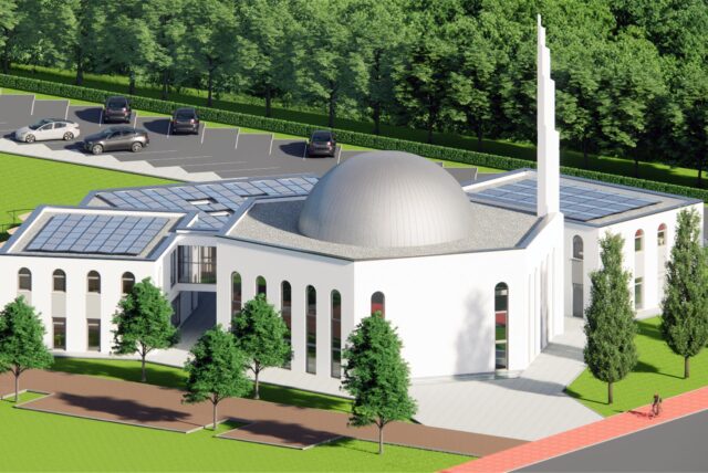 Die künftige Yunus-Emre-Moschee an der Sickingmühler Straße besteht aus vier Gebäudeteilen und wird vom Zentralbau mit Kuppel und Minarett dominiert.