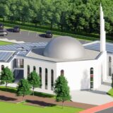 Die künftige Yunus-Emre-Moschee an der Sickingmühler Straße besteht aus vier Gebäudeteilen und wird vom Zentralbau mit Kuppel und Minarett dominiert.