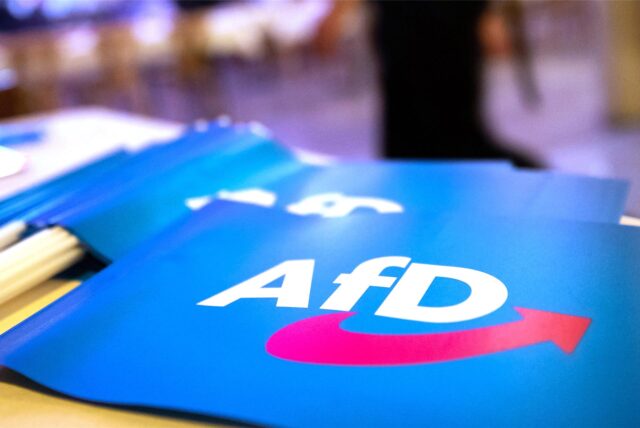 Auf einem Tisch liegen mehrere Wimpel der Partei AfD.