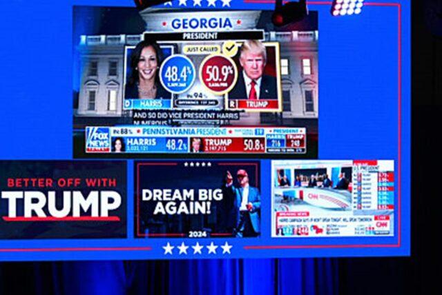 Ein großer Bildschirm wird während einer Wahlparty für den republikanischen Präsidentschaftskandidaten und ehemaligen Präsidenten Donald Trump im Palm Beach County Convention Center am Mittwoch, 6. November 2024, in West Palm Beach, Florida, gezeigt.