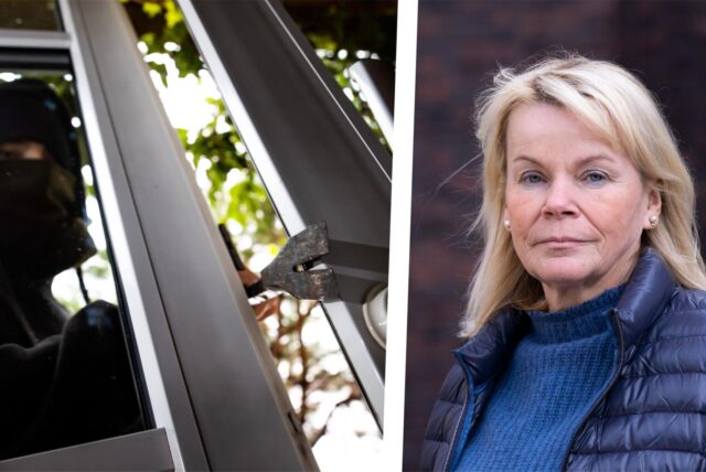 Linkes Bild: Ein schwarz vermummter Täter bricht im Erdgeschoss mit einem Pferdefuß in ein Kunststofffenster ein. Rechts ein Portrait von Polizeipräsidentin Friederike Zurhausen.