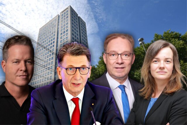 Eine Montage: Wilo-Chef Oliver Hermes, Signal-Iduna-Chef Ulrich Leitermann, IHK-Geschäftsführer Stefan Schreiber und Verdi-Westfalen-Chefin Pamela Strutz sind vor dem Westfalentower in Dortmund zu sehen.