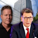 Eine Montage: Wilo-Chef Oliver Hermes, Signal-Iduna-Chef Ulrich Leitermann, IHK-Geschäftsführer Stefan Schreiber und Verdi-Westfalen-Chefin Pamela Strutz sind vor dem Westfalentower in Dortmund zu sehen.